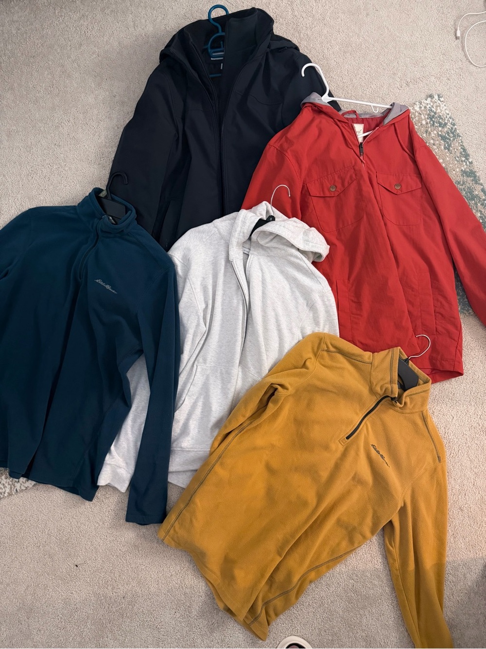 Men's Eddie Bauer 1/4 zip, 1 Calvin Kline winter jacket, and two lighter jackets
